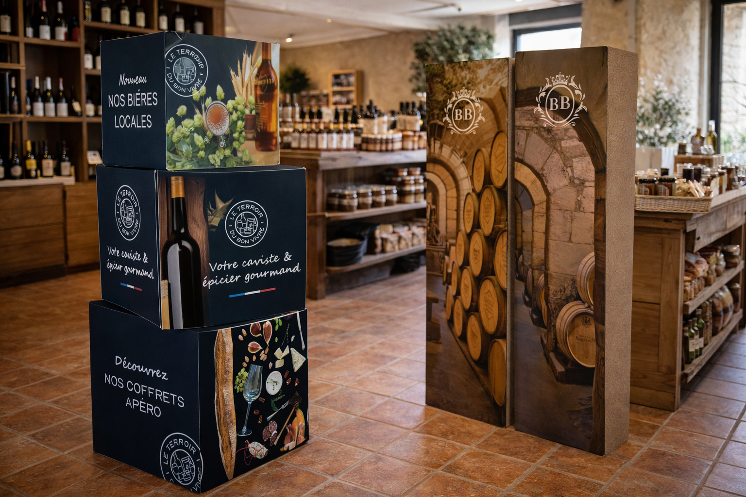 Cubes publicitaires et présentoirs glorifier en situation dans une boutique de dégustation