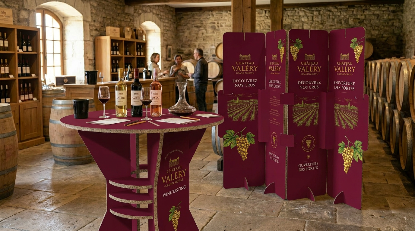 Table haute et paravent en carton personnalisé aux couleurs du château, dégustation de vin dans une cave