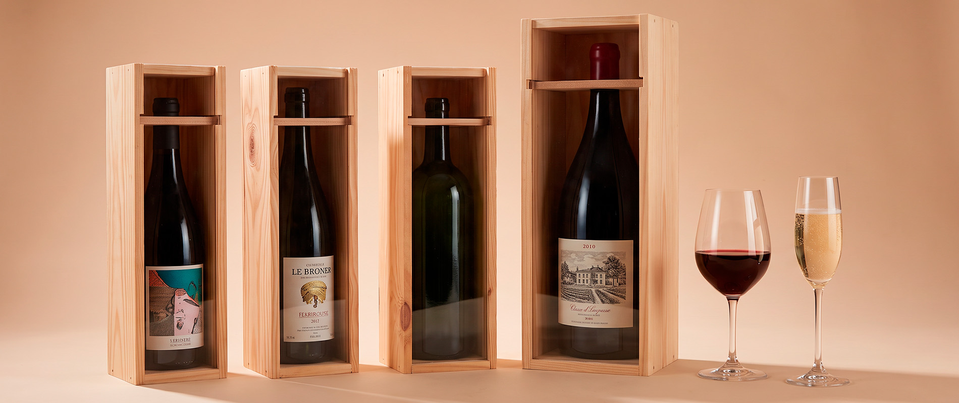 Gamme de caisses bois a glissiere plexi transparente pour bouteilles de vin