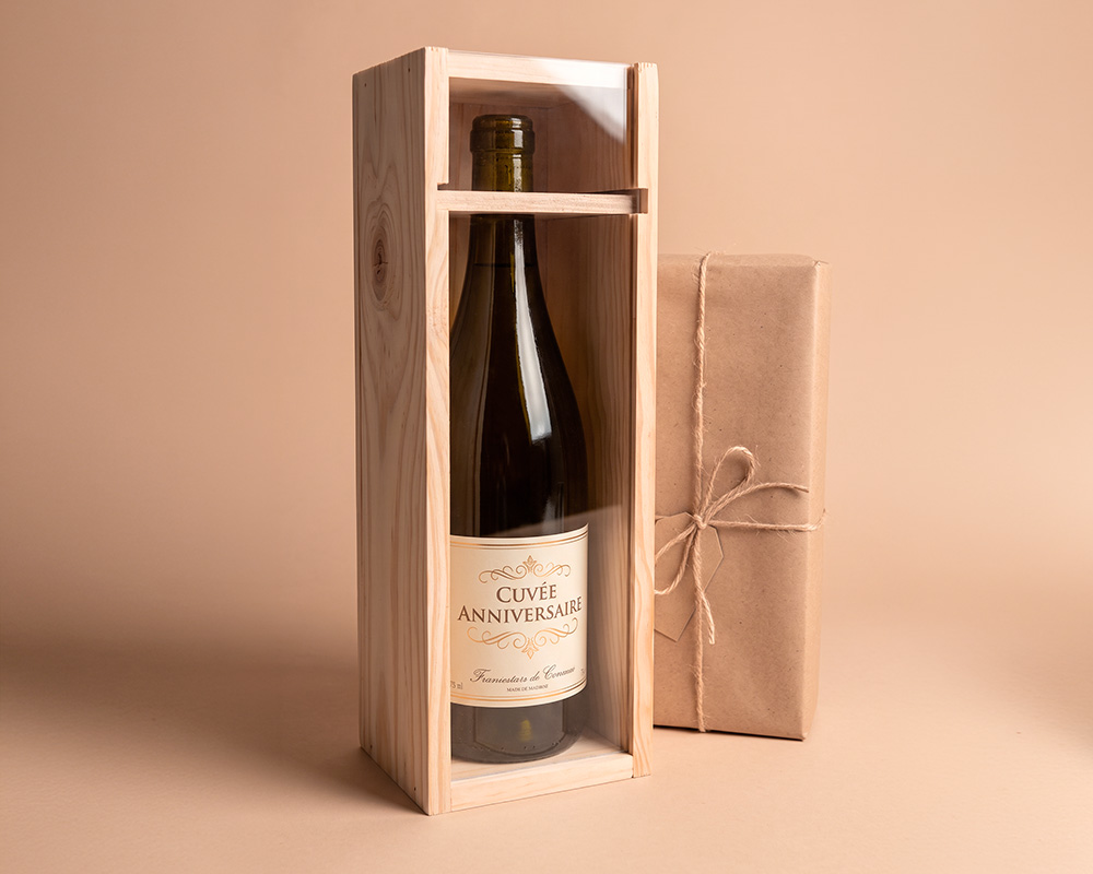 Caisse bois pour une bouteille de vin 75 cl avec glissiere transparente