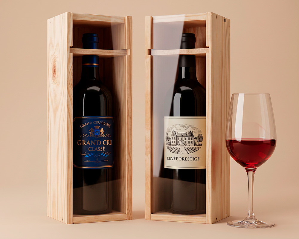 Caisses bois avec glissieres transparentes pour bouteille de vin