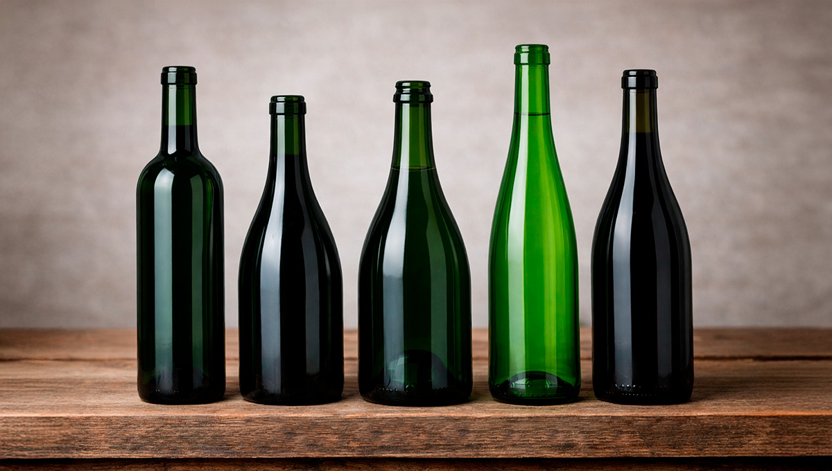 Comparatif des formes de bouteilles de vin 75 cl : Bordelaise, Bourgogne et Champenoise côte à côte