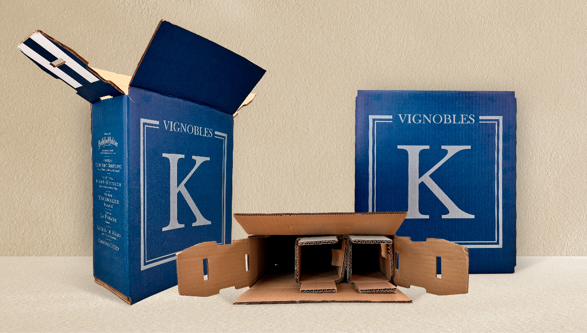 Caisse Mauco'Lissime® personnalisée par impression flexographique avec le logo et les visuels d'un domaine viticole