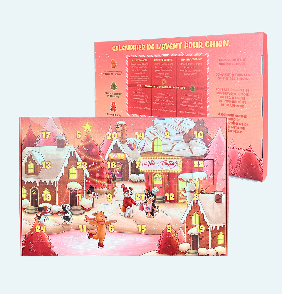 Calendrier de l'avent rectangulaire en carton avec 24 cases compartimentées pour des biscuits artisanaux pour chiens, En Tête à Truffe