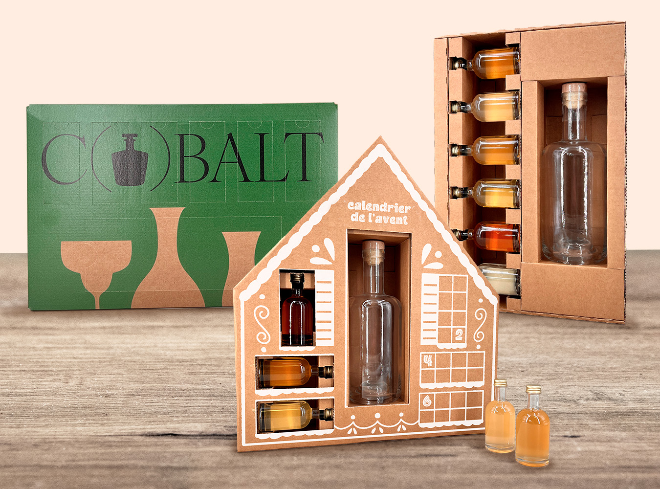 Calendrier de l'avent pour mignonnettes de spiritueux whisky gin rhum calvados en carton sur mesure