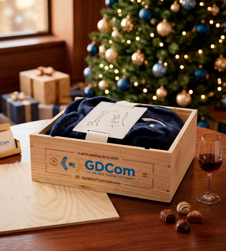 Caisse bois à glissière personnalisée pour le groupe GDCOM, cadeau de Noël aux collaborateurs