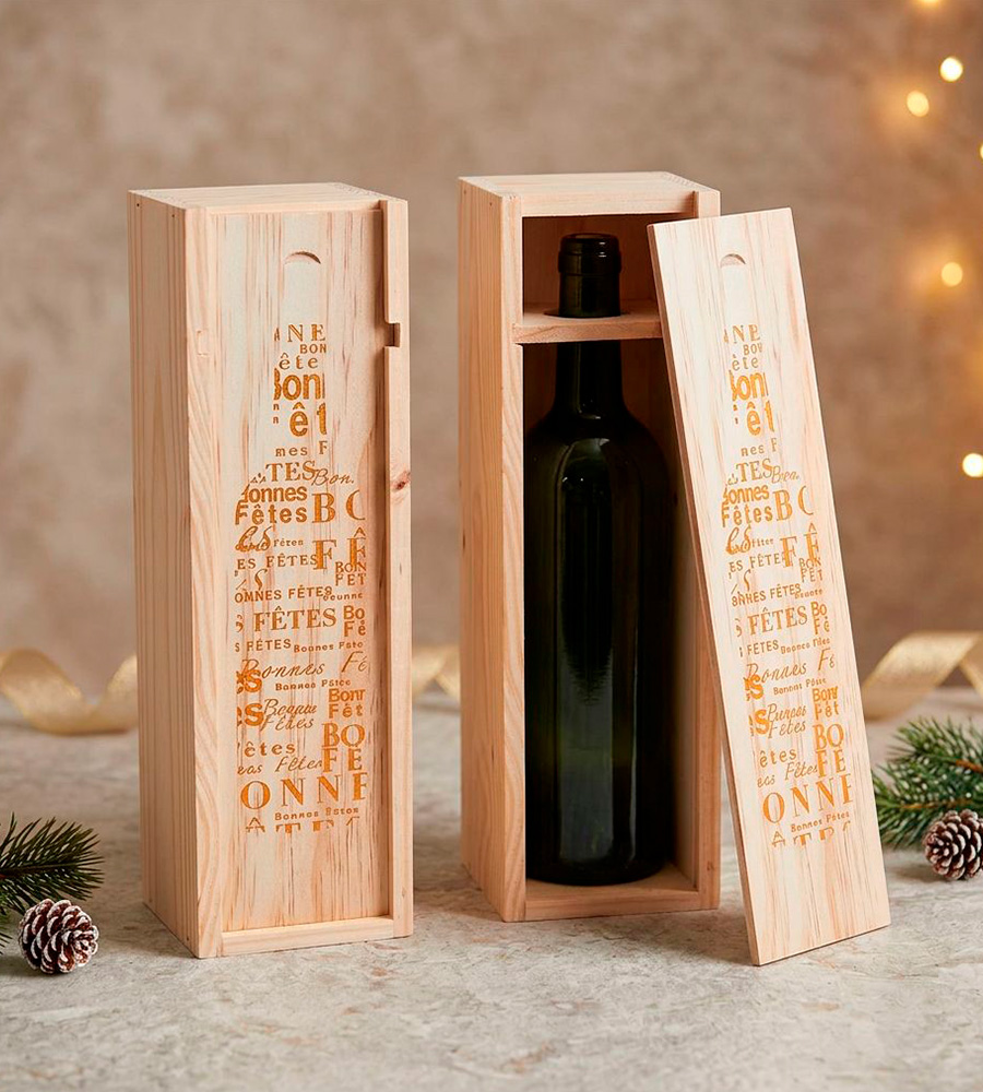 Caisse bois à glissière 1 bouteille 75cl personnalisée Bonnes fêtes