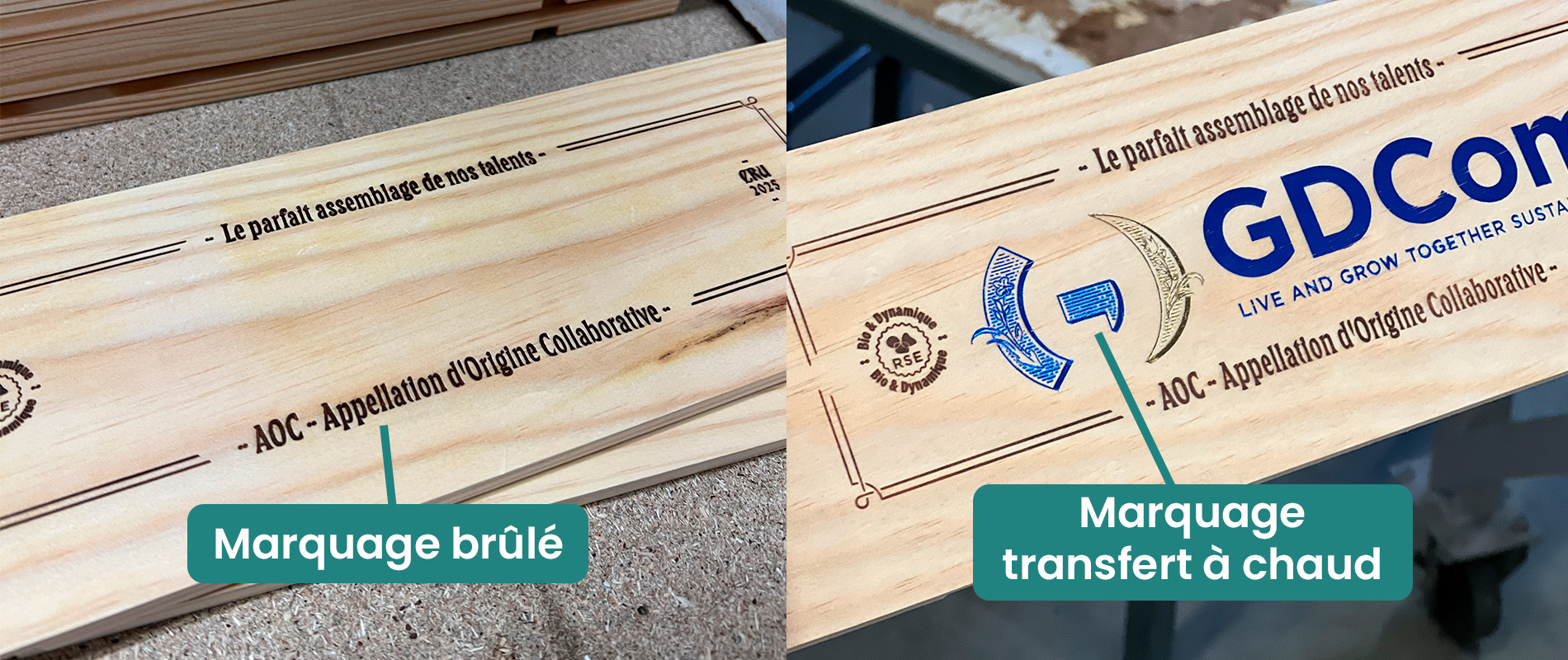 Personnalisation d'une caisse bois par transfert à chaud et marquage brûlé