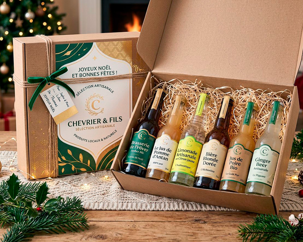 Coffret cadeau personnalisé avec assortiment de boissons artisanales pour un client