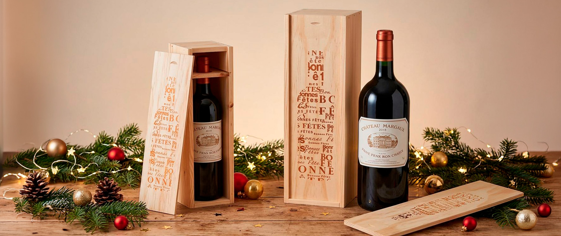 Caisses bois Magnum et 75cl Bonnes Fêtes