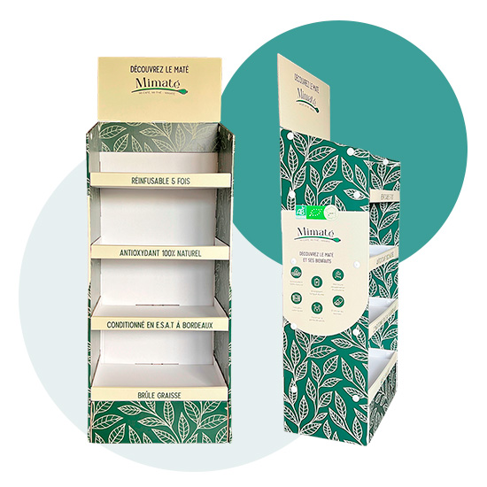 Présentoir PLV carton kombucha en point de vente