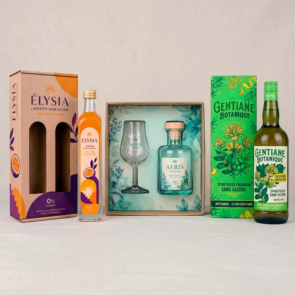 Divers emballages carton sur mesure pour bouteilles de spiritueux sans alcool