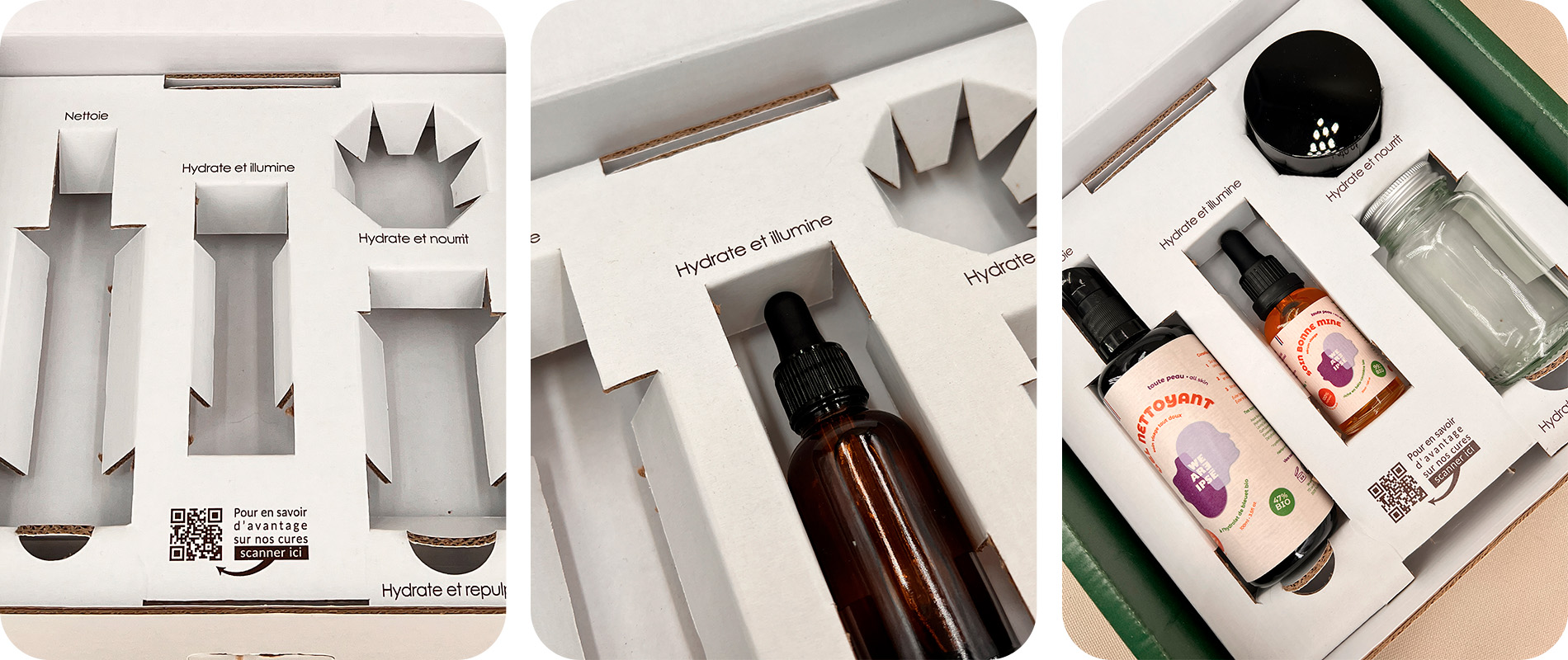 Calages carton sur mesure épousant différentes formes de flacons cosmétiques