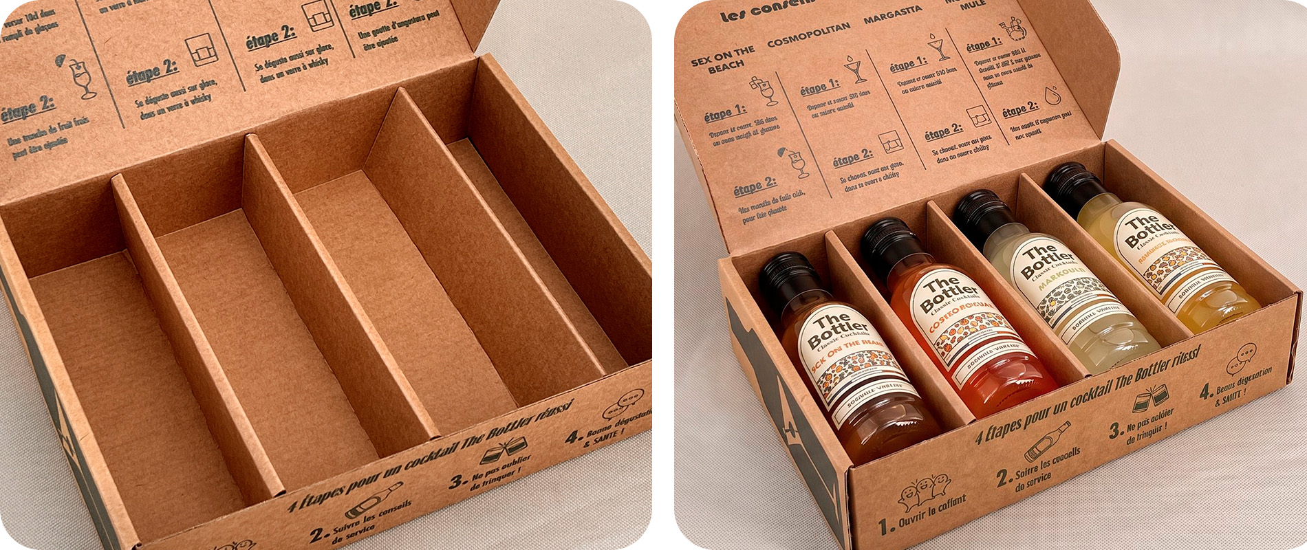Coffret carton sur mesure avec calage intégré pour bouteilles, sans espace vide autour du produit