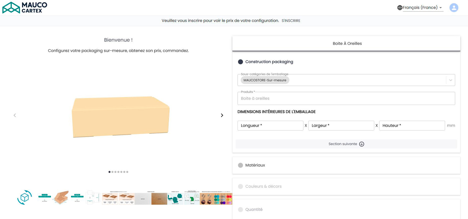 Configurateur en ligne Mauco Cartex pour concevoir son emballage carton sur mesure : dimensions, impression, quantités