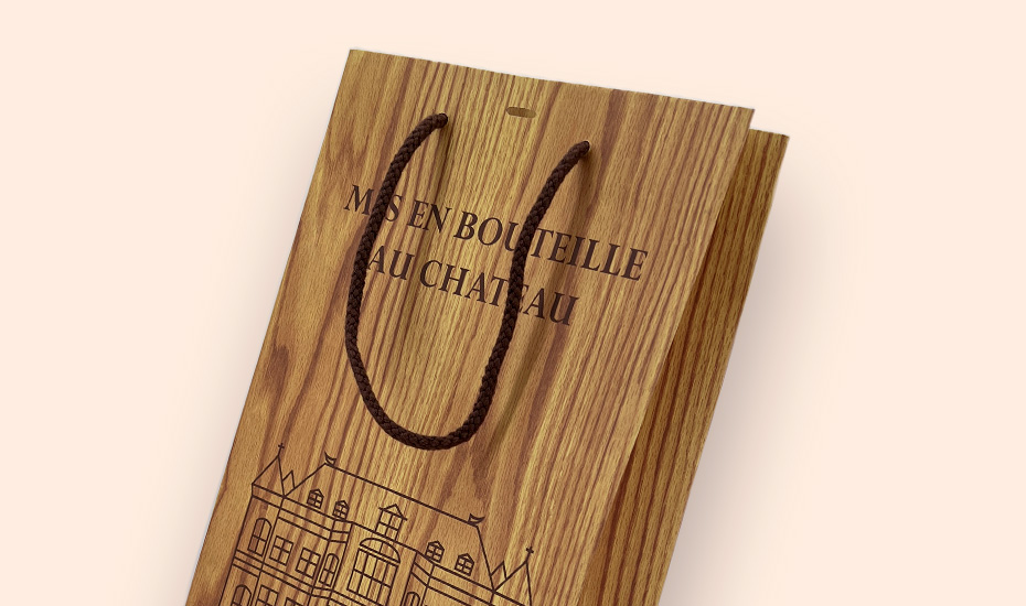 sac en papier imitation caisse bois château pour 2 bouteilles de 75cl