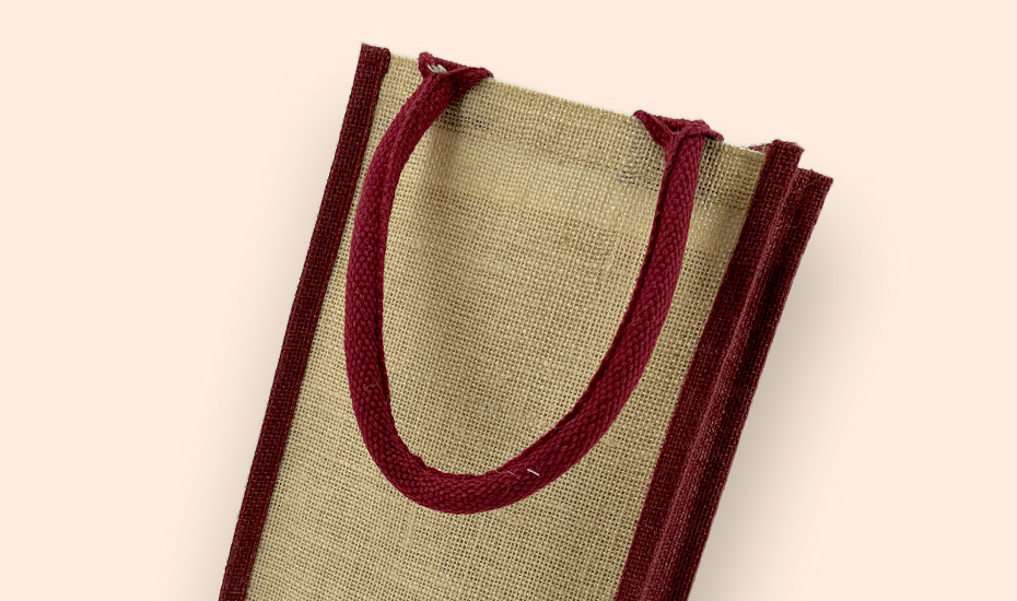 sac en jute beige et bordeaux avec séparateur pour deux bouteilles