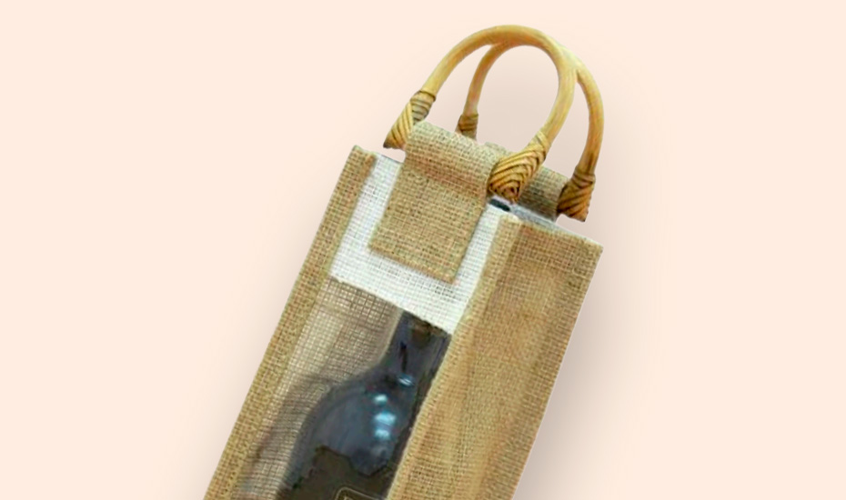 sac en jute beige avec fenêtre et poignée en bambou pour 1 bouteille de 75cl