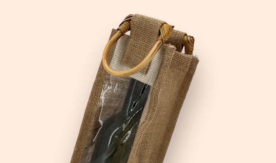 sac en jute beige foncé avec fenêtre et poignée en bambou pour 1 bouteille de 75cl