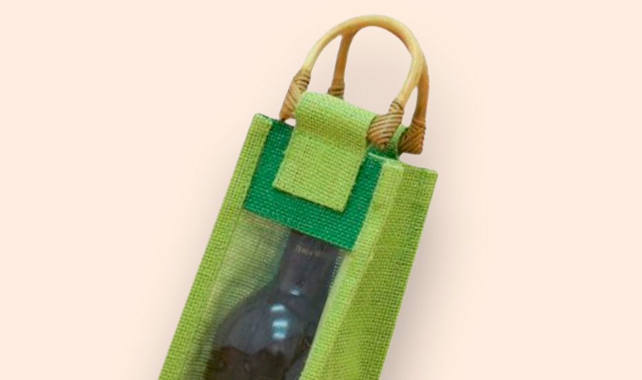 sac en jute vert avec fenêtre et poignée en bambou pour 1 bouteille de 75cl