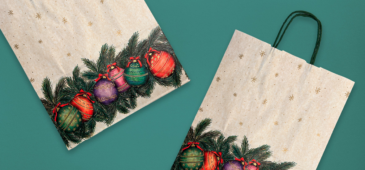 sac papier kraft avec décor guirlande de noël pour les ventes pendant les fêtes de fin d'année