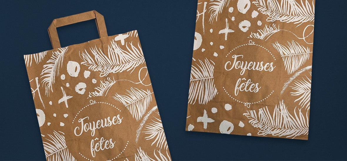sac papier kraft avec impression joyeuses fêtes pour les ventes pendant les fêtes de fin d'année