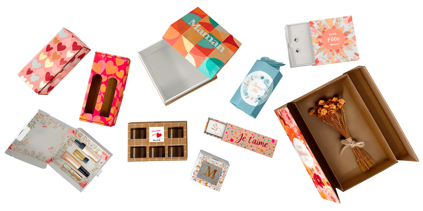 Coffret cadeau carton personnalisé fête des mères — emballage sur mesure avec visuel et message thématique